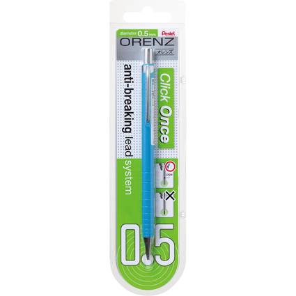 Verpackter ORENZ Druckbleistift mit blauem Schaft, gekennzeichnet mit 0,5 mm und dem Bleibrechschutzsystem 