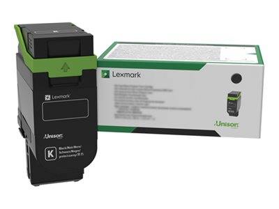 Lexmark schwarze Druckertonerpatrone wird zusammen mit ihrer Produktverpackung gezeigt.