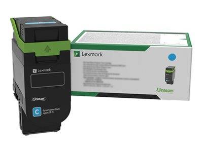 Lexmark Unison schwarze Druckertonerkassette neben ihrer Produktverpackung auf weißem Hintergrund dargestellt.