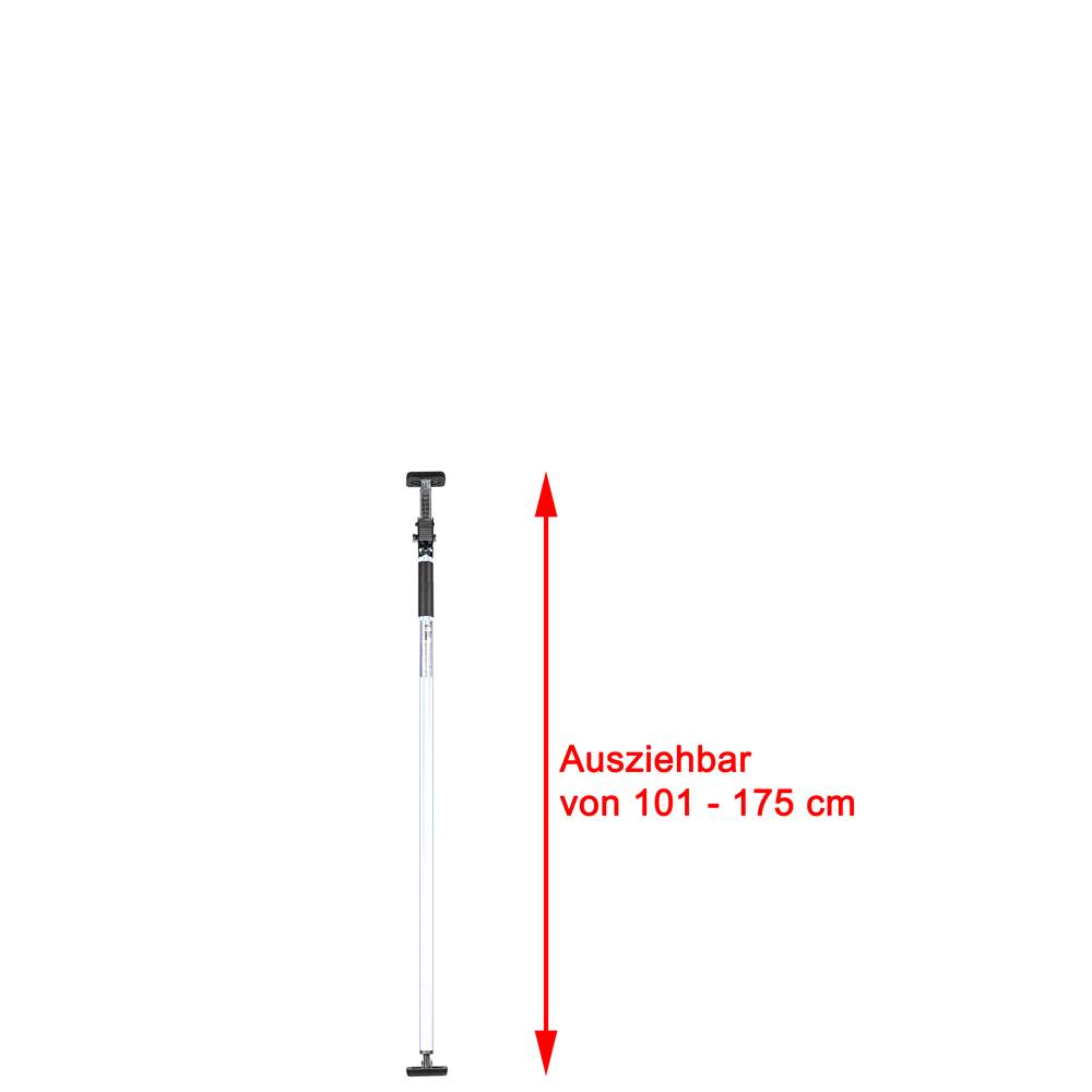 Teleskopstange dargestellt ausgezogen, mit rotem Pfeil und deutschem Text „Ausziehbar von 101 - 175 cm