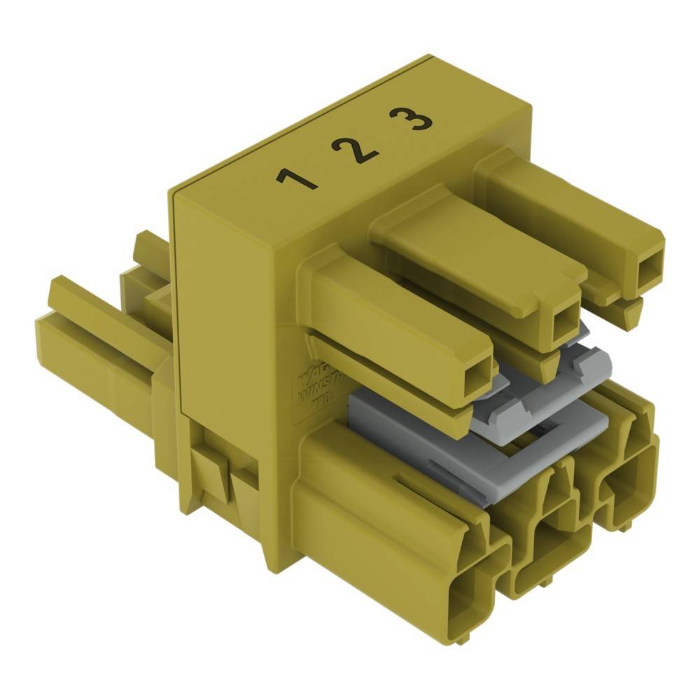 Ein dreipoliger gelber elektrischer Stecker mit Beschriftungen 1, 2, 3 oben, mit vier parallelen Schlitzen, die für sichere Verbindungen ausgelegt sind.
