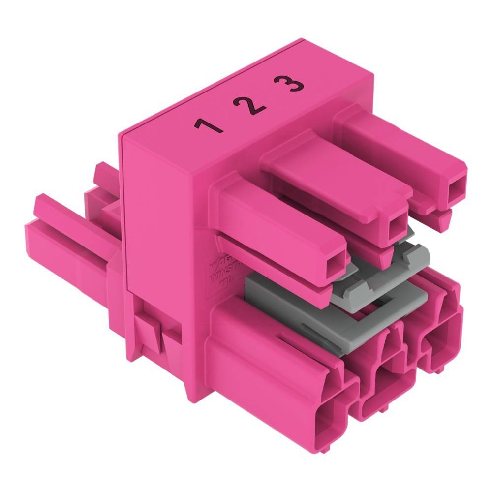 Rosa elektrischer Stecker mit drei Anschlüssen nummeriert '1', '2', '3'. Leicht angewinkelt, wobei die Verbindungspunkte hervorgehoben werden.