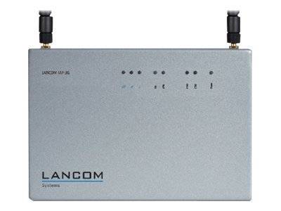 Vorderansicht eines silbernen LANCOM-Wireless-Netzwerkgeräts mit zwei Antennen und kleinen Statusanzeigeleuchten.