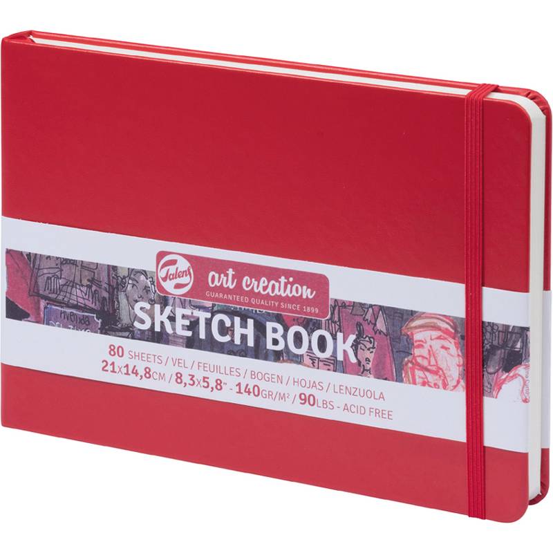 Rotes Skizzenbuch mit der Aufschrift 'Sketch Book' auf dem Umschlag, 80 Blatt, 21x14,8 cm, 140g/m² Papier, Gummiverschluss, säurefrei.