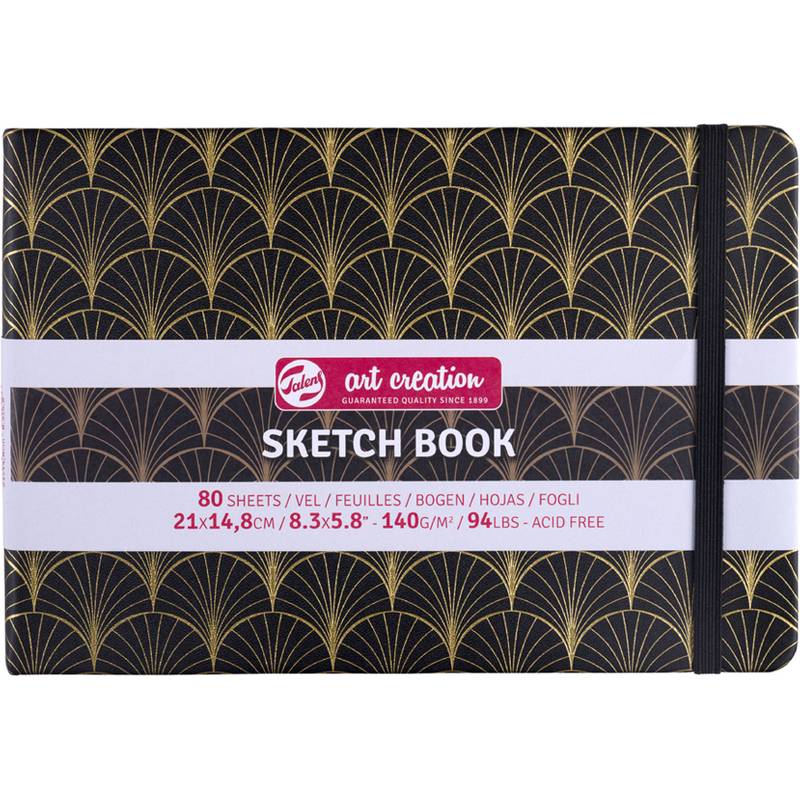 Skizzenblock mit geometrischem schwarzem und goldenem Einbanddesign, beschriftet mit '80 Blatt, 140g, säurefrei'. Ausgestattet mit einem elastischen Band zum Verschließen.