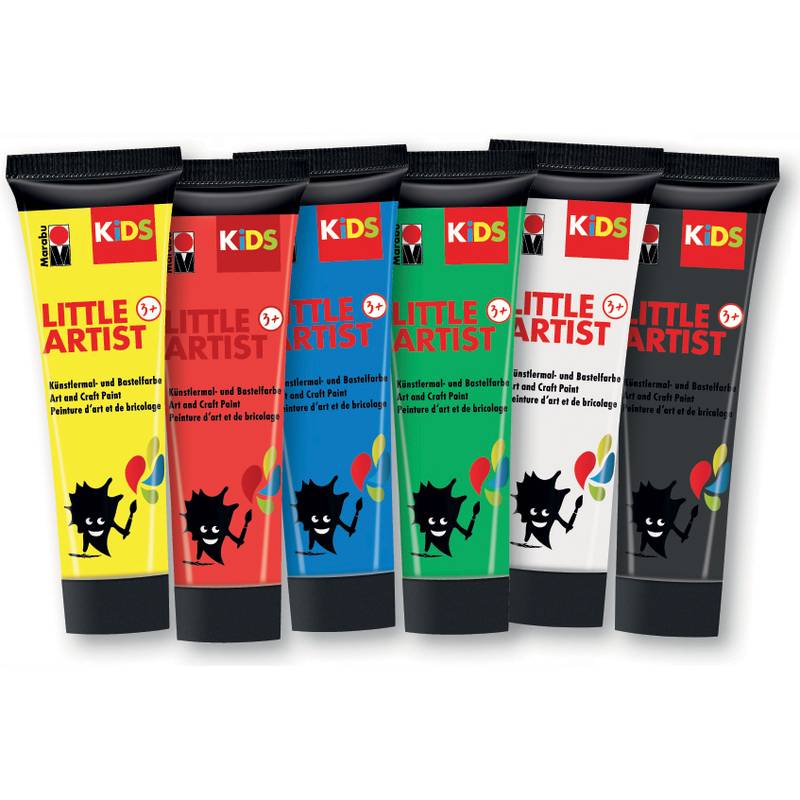 Sechs Farbtuben für Kinder mit der Aufschrift 