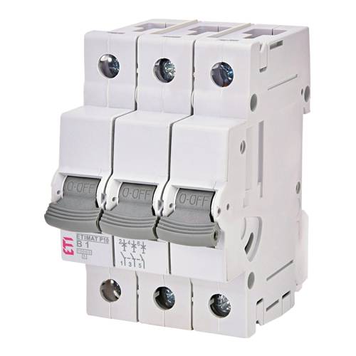 Dreipoliger Leitungsschutzschalter mit Schaltern, die mit 1, 2 und 3 gekennzeichnet sind, in ausgeschalteter Position, wird zum Schutz von Stromkreisen verwendet.