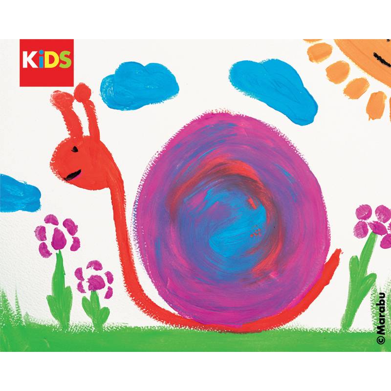 Eine farbenfrohe, verspielt wirkende Zeichnung einer lächelnden Schnecke mit einer lebhaften rot-lila Schale, umgeben von Blumen, Wolken und einer Sonne.
