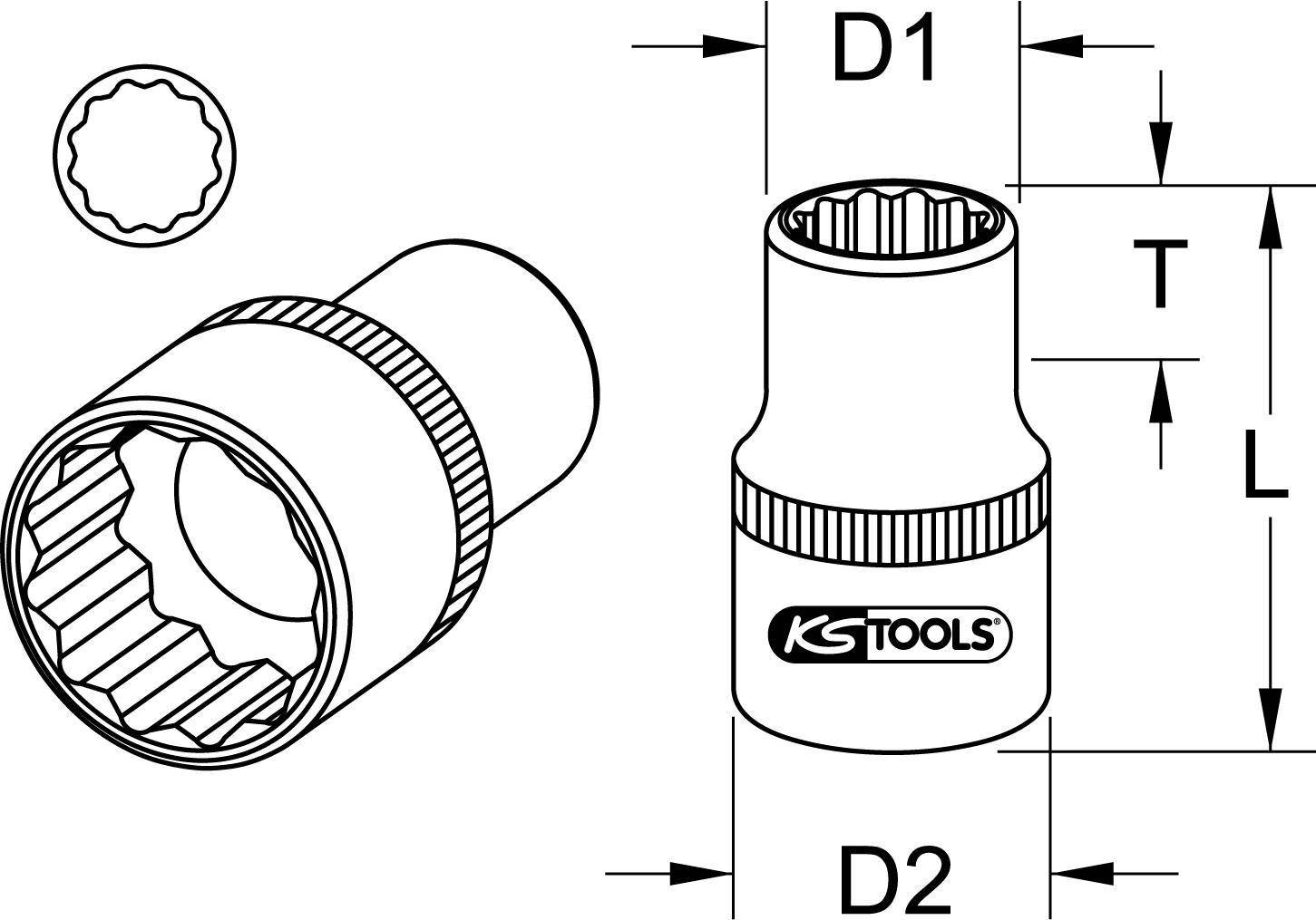 KS TOOLS 2,50cm (1'') 12-kant-Stecknuss, kurz, 2 (911.1082)