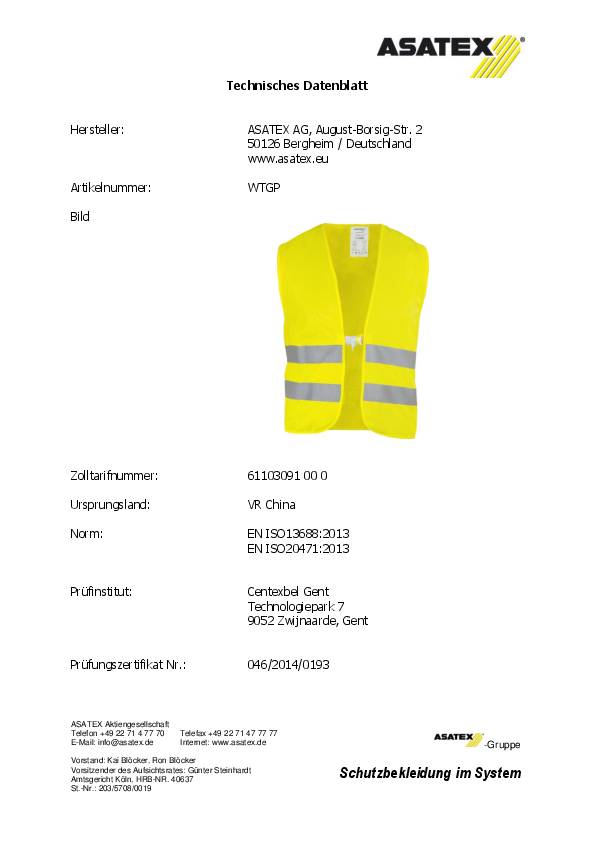 Warnweste Gr.univ.gelb EN 20471 Kl.2 ASATEX