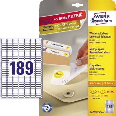 Avery Zweckform Etikett L4731REV-25 25,4x10mm weiß 4.725 St./Pack.