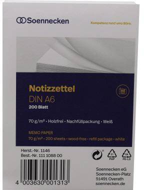 Soennecken Zettelboxeinlage 1146 DIN A6 blanko 200 Bl./Pack.