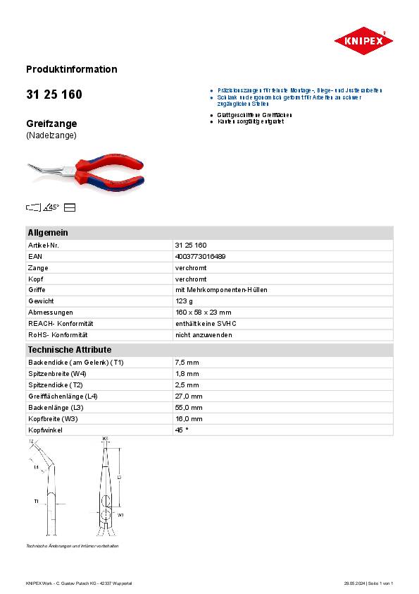 Nadelzange L.160mm 45Grad gew.verchr.Mehrkomp.-Hüllen KNIPEX