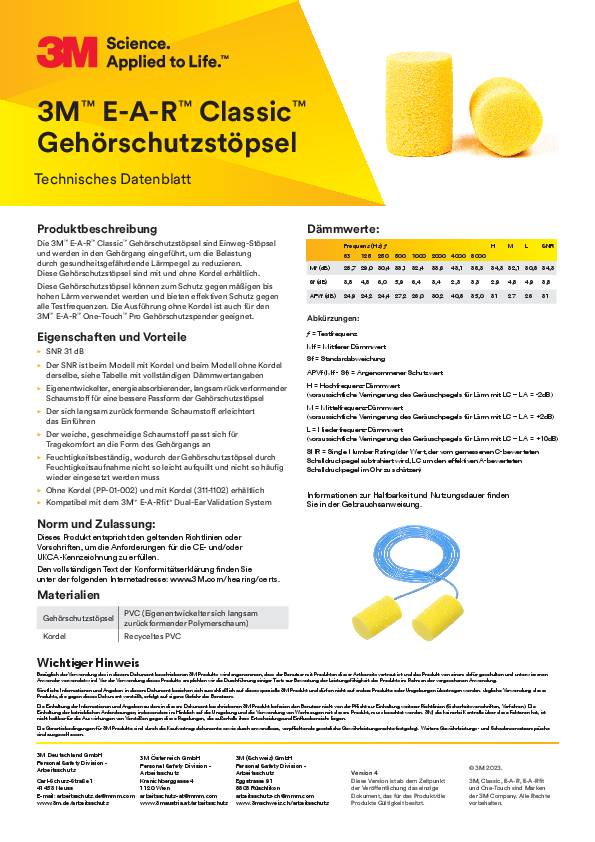 Gehörschutzstöpsel E-A-R™ Classic™ Refill EN 352-2 SNR 28 dB 500 PA/Dispenser 3M