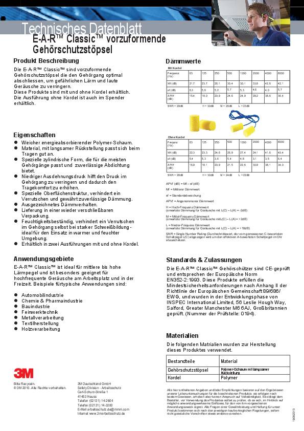 Gehörschutzstöpsel E-A-R™ Classic™ Refill EN 352-2 SNR 28 dB 500 PA/Dispenser 3M