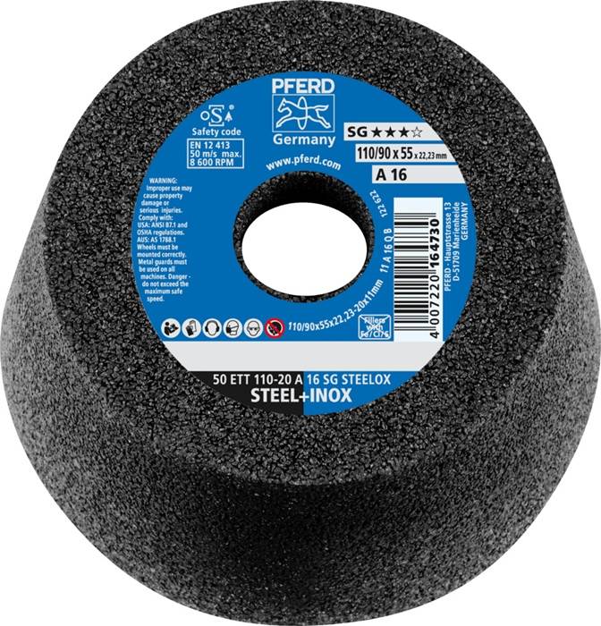 Schleiftopf ETT SG STEELOX 110/55mm INOX u.STA 16 Bohr.22,23mm PFERD