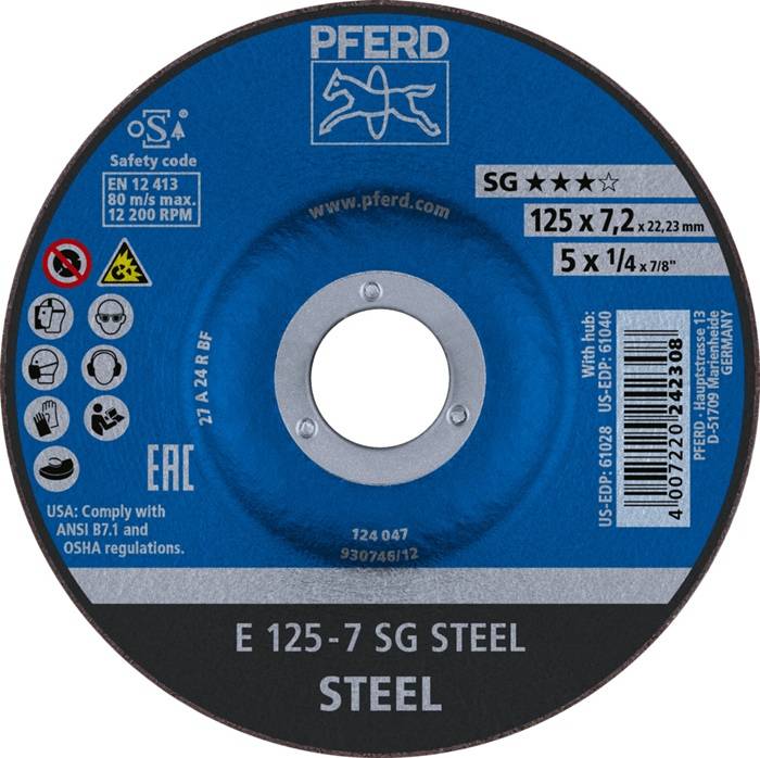 Schruppscheibe SG STEEL D125xS7,2mm gekr.STA Bohr.22,23mm PFERD