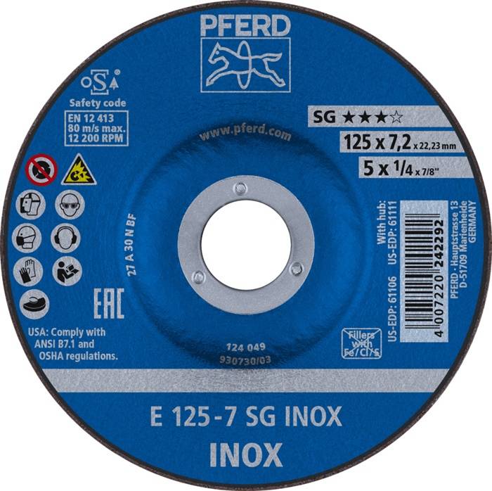 Schruppscheibe SG INOX D125xS7,2mm gekr.INOX Bohr.22,23mm PFERD