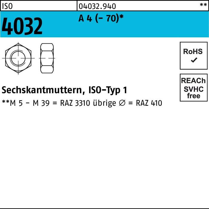 Sechskantmutter ISO 4032 M4 A 4 1000 Stück