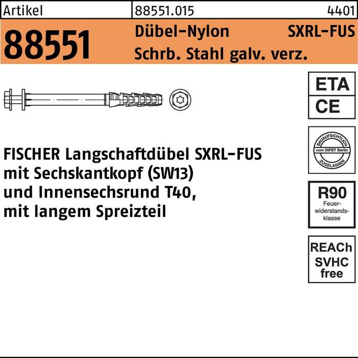 Langschaftdübel R 88551 SXRL 10x80 FUS Schr.Sta verz./Dübel-Nylon 50St. FISCHER