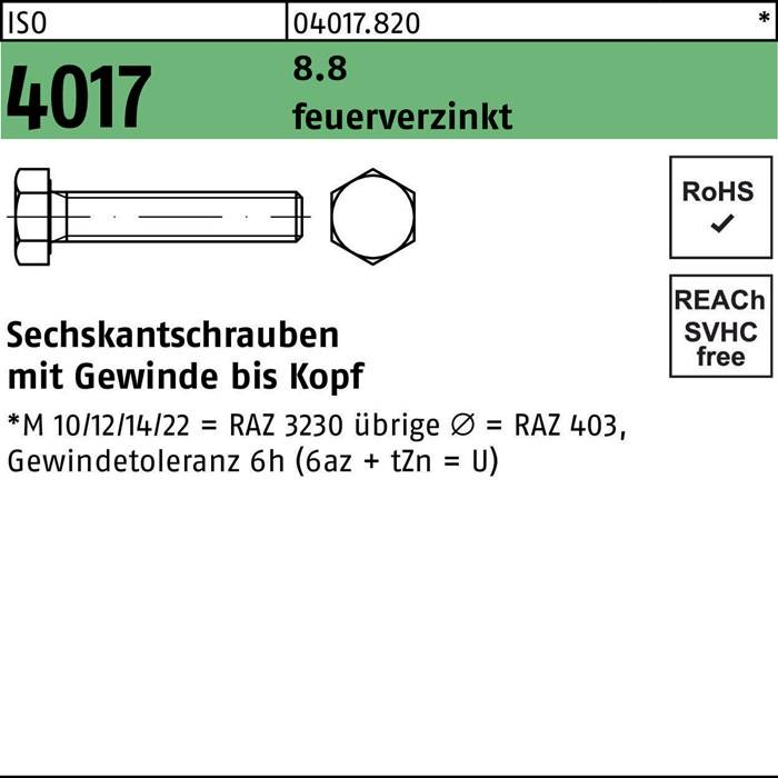 Sechskantschraube ISO 4017 VG M24x 140 8.8 feuerverz. 10 Stück