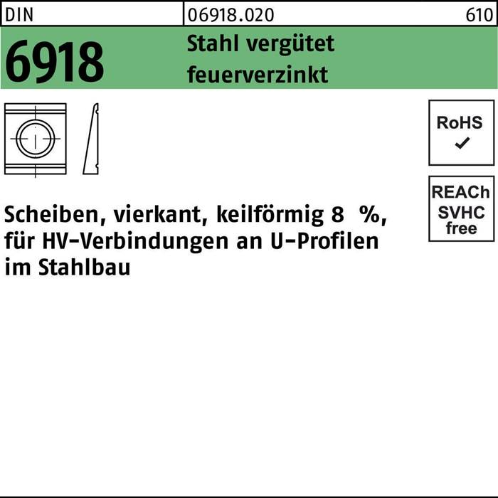 Unterlegscheibe DIN 6918 ÜH vierkant keilförmig 13 Stahl C45 feuerverz. 1St.