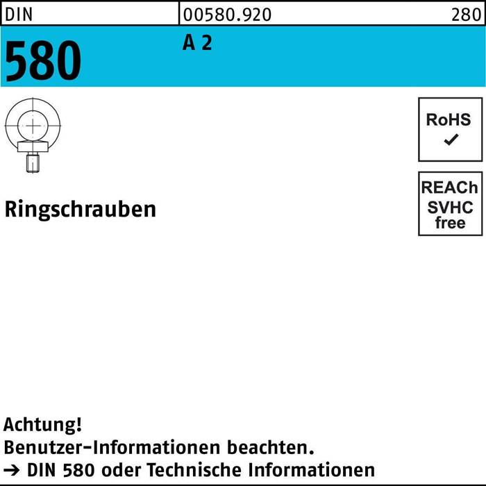 Ringschraube DIN 580 M 10 A 2 Ohne Oberflächenangabe 10 Stück