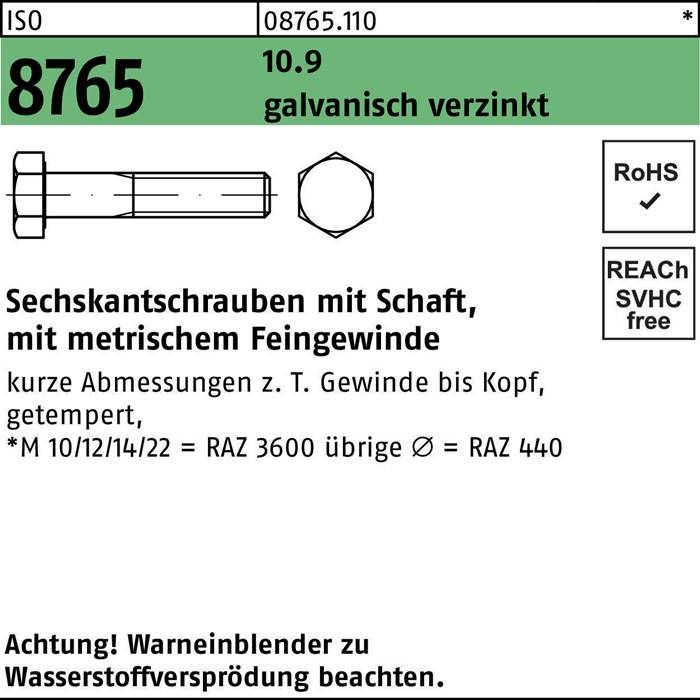 Sechskantschraube ISO 8765 Schaft M10x1x45 10.9 galv.verz. 100St.