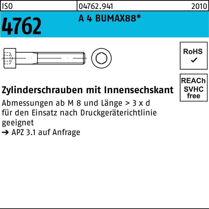 Zylinderschraube ISO 4762 Innen-6kt M10x16 A 4 BUMAX88 50 Stück BUFAB