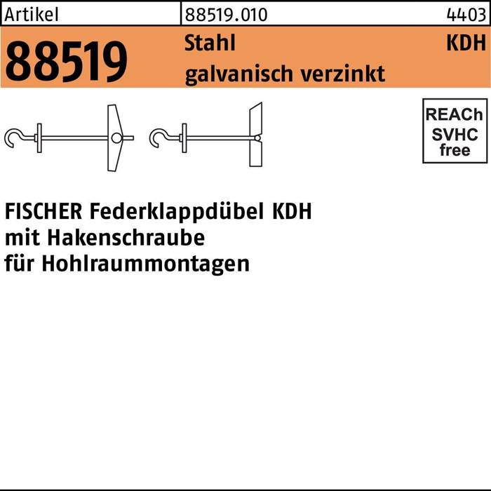 Klappdübel R 88519 Hakenschraube KDH 4x95 Stahl galvanisch verzinkt 25 Stück FISCHER