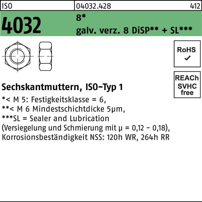 Sechskantmutter ISO 4032 M4 8 galv.verz. 8 DiSP + SL 1000 Stück
