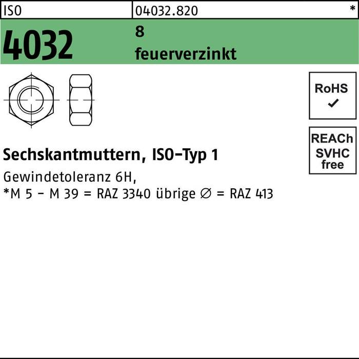 Sechskantmutter ISO 4032 M12 8 feuerverz. 500 Stück