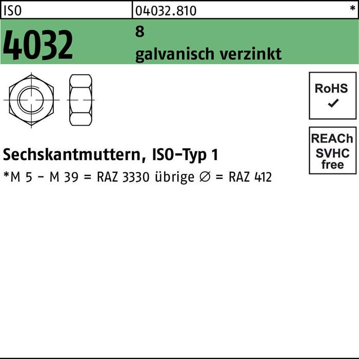 Sechskantmutter ISO 4032 M22 8 galv.verz. 50 Stück
