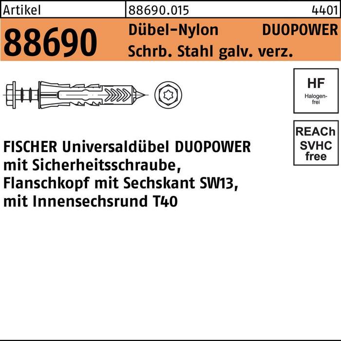 Dübel R 88690 6-kt-Schr. DUOPOWER 10x50 S Schr.verzinkt/Dübel-Nylon 25 Stück FISCHER