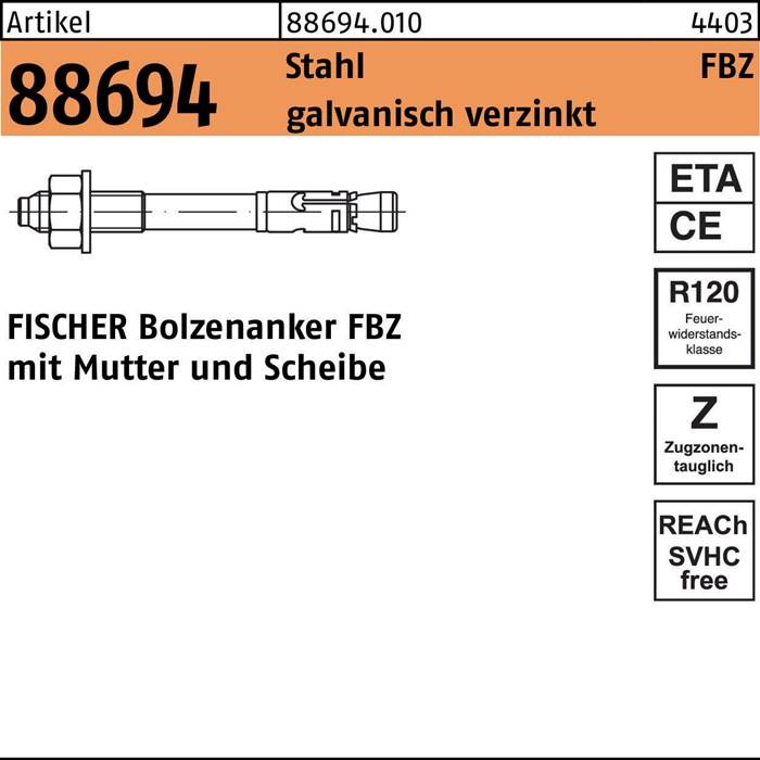 Bolzenanker R 88694 FBZ 12/10 Stahl galv.verz. 20 Stück FISCHER
