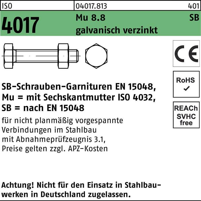 Sechskantschraube ISO 4017 VG M10x 100 8.8 galv.verz. SB 100 Stück