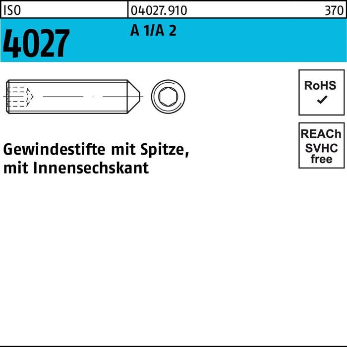 Gewindestift ISO 4027 Spitze/Innen-6kt M10x12 A 2 100 Stück