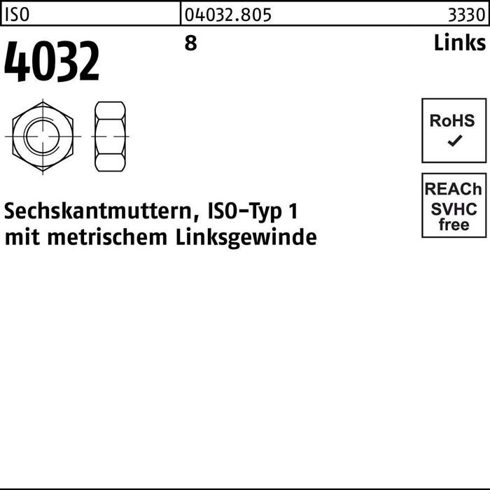 Sechskantmutter ISO 4032 links M8 -LH 8 100 Stück