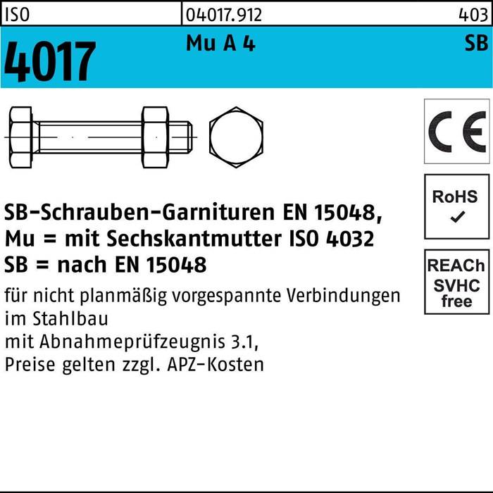 Sechskantschraube ISO 4017 VG Mutter M12x30 A 4-70 SB 50 Stück