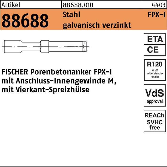 Porenbetonanker R 88688 FPxM12 -I Stahl galv.verz. 25 Stück FISCHER