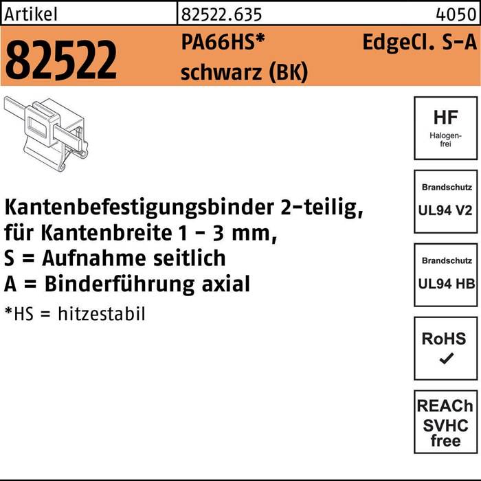 Befestigungsbinder R 82522 Edgeclip 4,6x150/31 PA66HS sw 500 Stück HELLERMANNTYTON