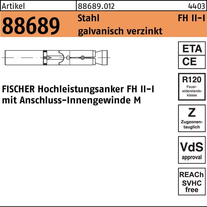 Hochleistungsanker R 88689 FH II 12/M 6 I Stahl galvanisch verzinkt 25 Stück FISCHER