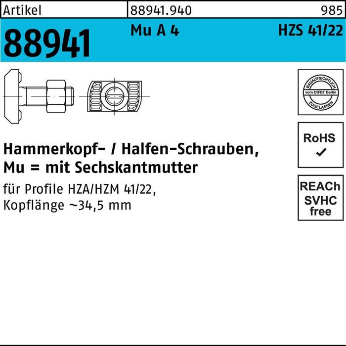 Hammerkopfschraube R 88941 HZS41/22 6-ktmutter M12x50 Mu A 4 25St. HALFEN