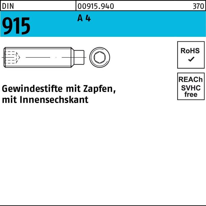 Gewindestift DIN 915 Zapfen/Innen-6kt M10x 25 A 4 100 Stück