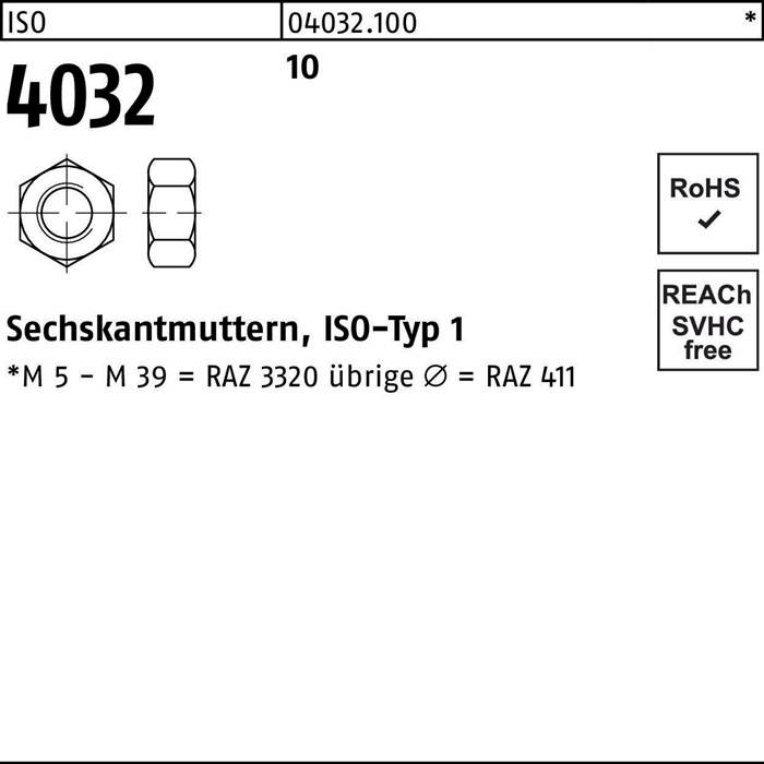 Sechskantmutter ISO 4032 M18 10 100 Stück
