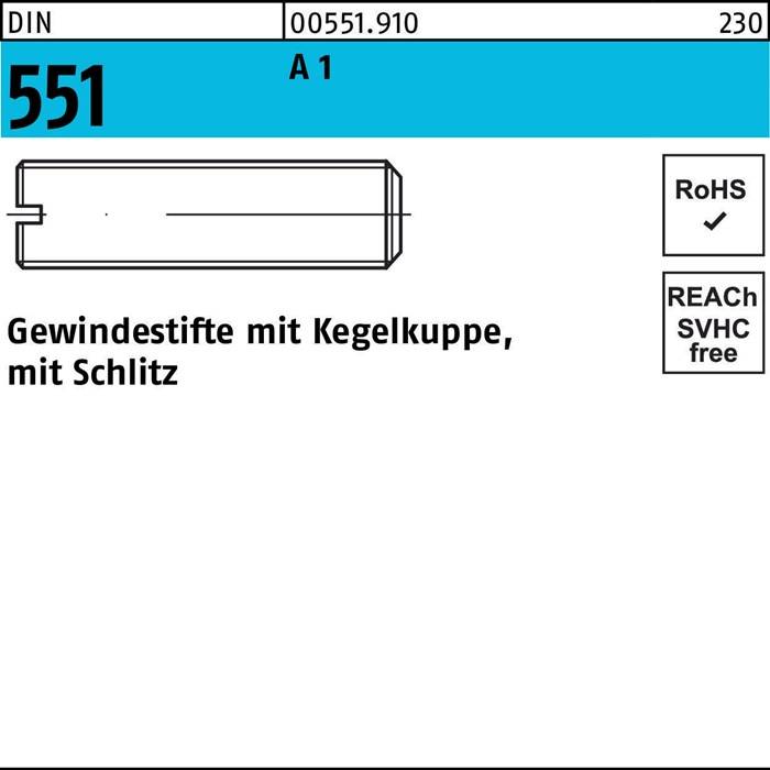 Gewindestift DIN 551 Kegelkuppe/Schlitz M10x12 A1/1.4305 10 Stück
