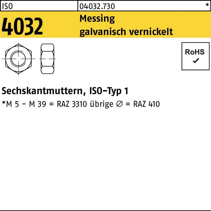 Sechskantmutter ISO 4032 M4 Messing galv. vernickelt 1000 Stück