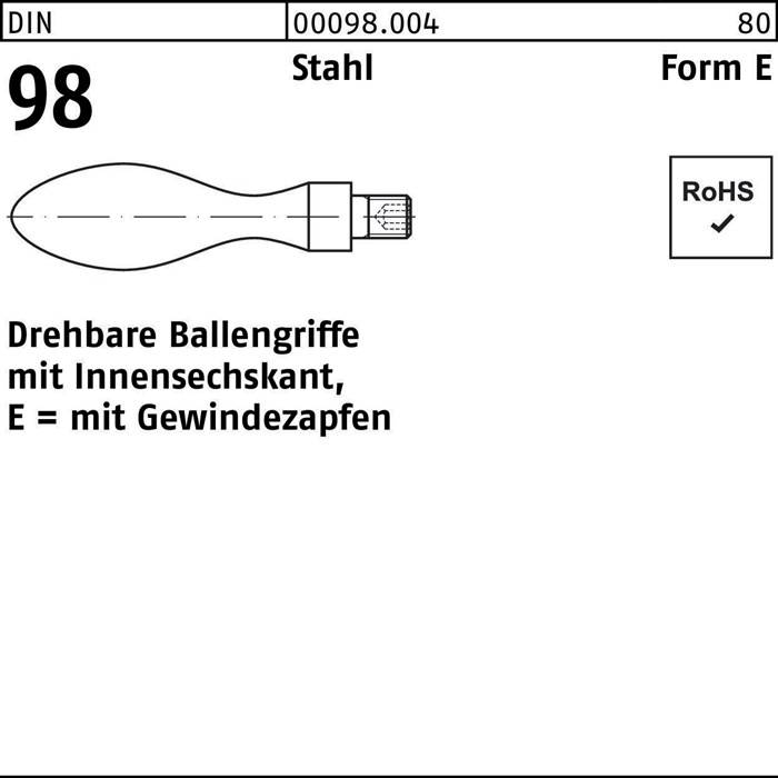 Ballengriff DIN 98 Gewindezapfen E 16 M6 Stahl 10 Stück
