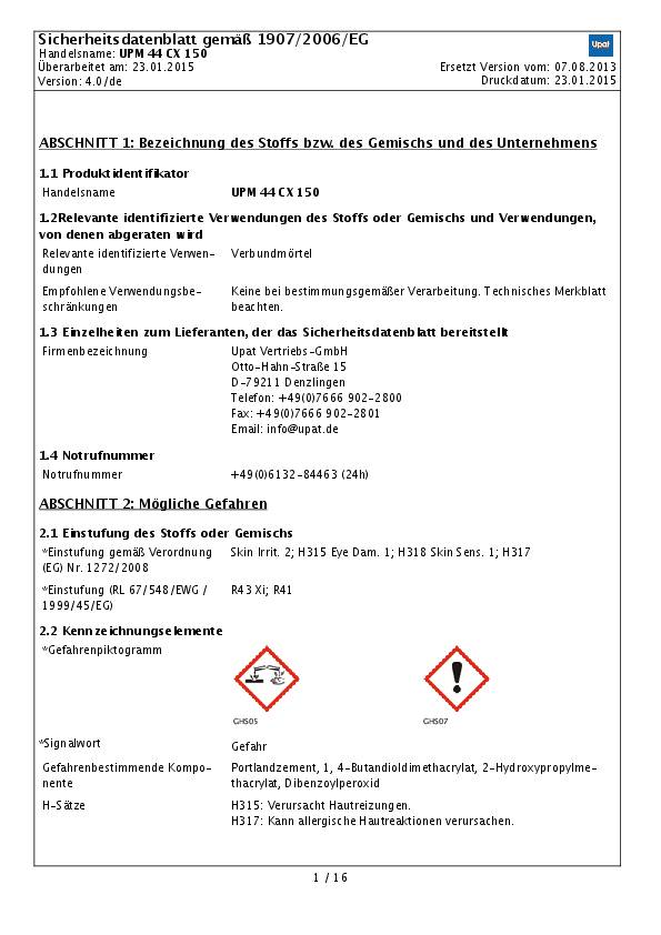 Injektionsmörtel R 88733 UPM 44Cx 150 Kunstharz 1 Stück UPAT