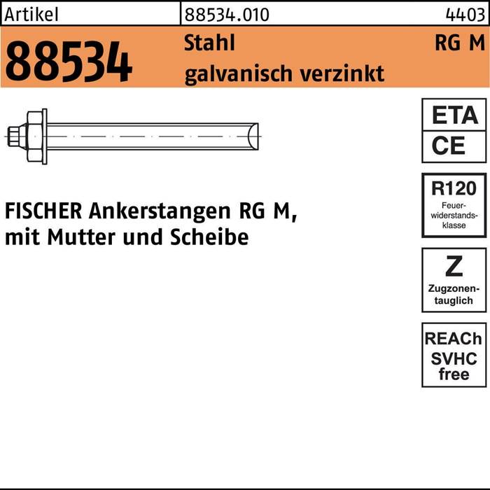 Ankerstange R 88534 Mutter/Scheibe RG M10x165 Stahl galv.verz. 10St. FISCHER